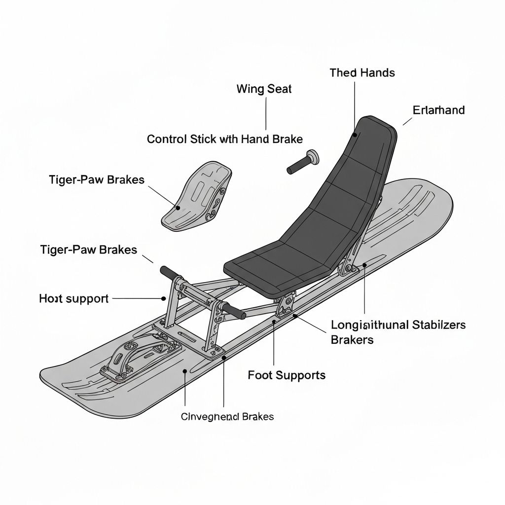 Annotated diagram of Snow Magic showing wing seat, control stick with hand brake, foot supports, tiger-paw brakes, and stabilizers.